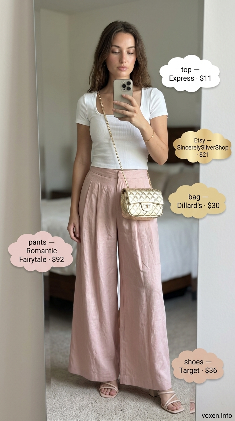 Modern Wide-Leg Pants: soft pink viscose blend with white crop top & block heels. Trendy ideas for summer wardrobe 2026 women.