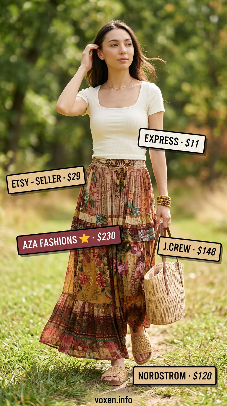 Trendy tall women summer outfits 2026: Floral maxi skirt with cream crop top for summer evenings. Style with flat sandals and straw tote.