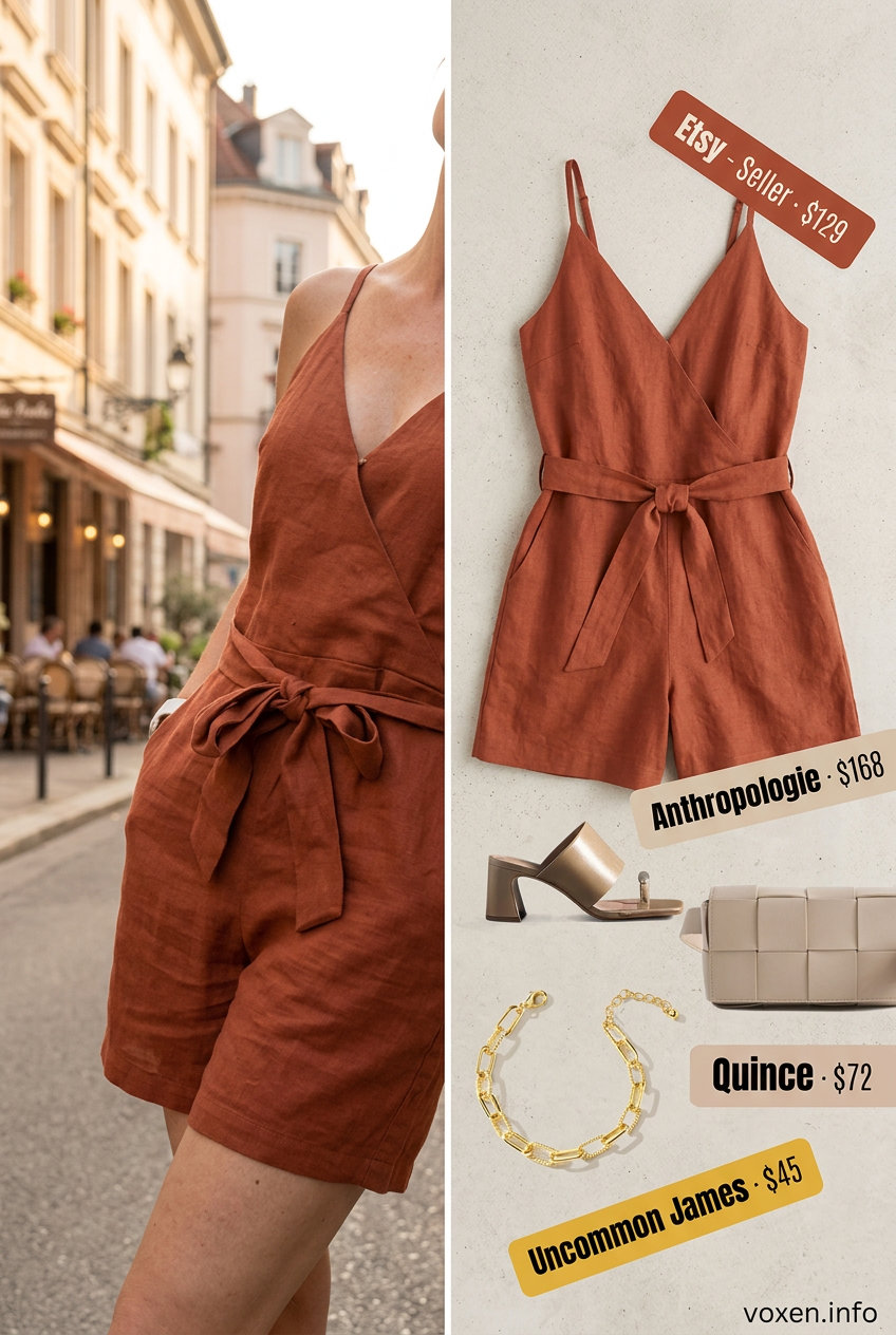 Trendy tall women summer outfits 2026: Terracotta linen romper for casual day out. Style with beige mules and gold bracelet.
