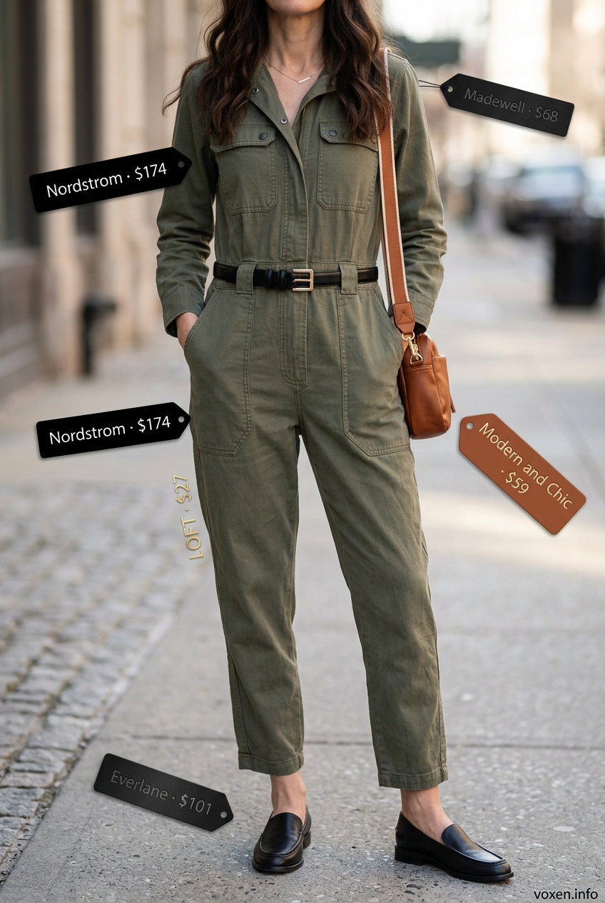 Trendy tall women summer outfits 2026: Olive green utility jumpsuit for daytime exploration. Style with black belt and tan loafers.