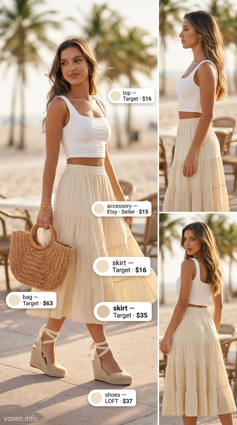 Trendy tall women summer outfits 2026: Coral midi skirt, white tank, espadrilles for summer day out.