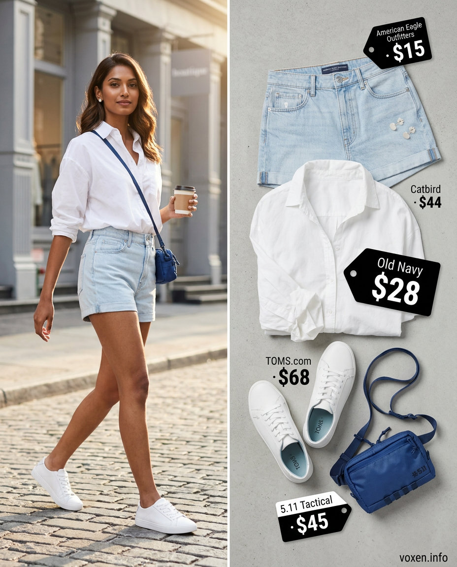 Trendy tall women summer outfits 2026: Denim shorts, white oversized shirt, crossbody bag for city exploration.