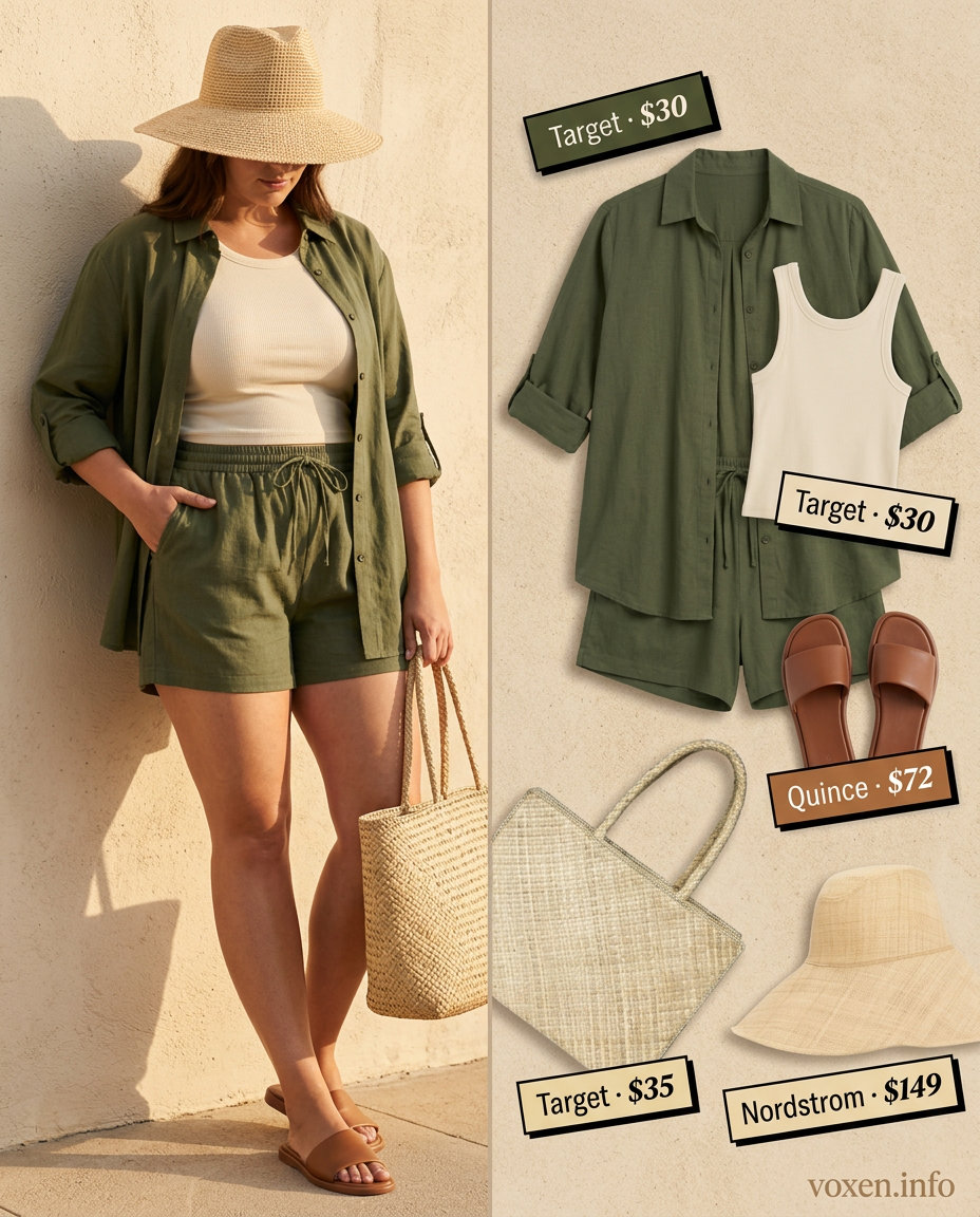 Trendy tall women summer outfits 2026: Olive green linen shorts set for vacation. Style with straw hat and leather slides.