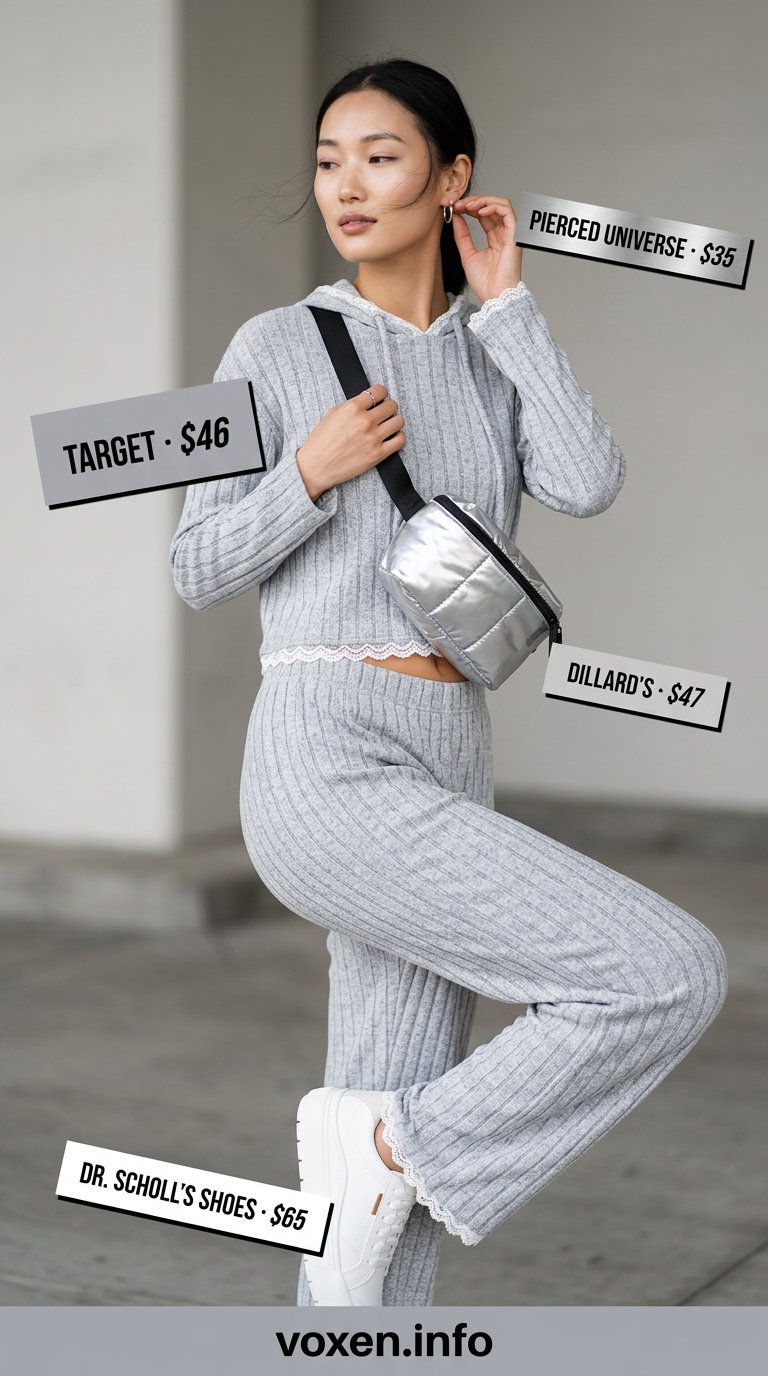 Trendy tall women summer outfits 2026: Light grey knit athleisure set for travel. Style with white sneakers and silver belt bag.