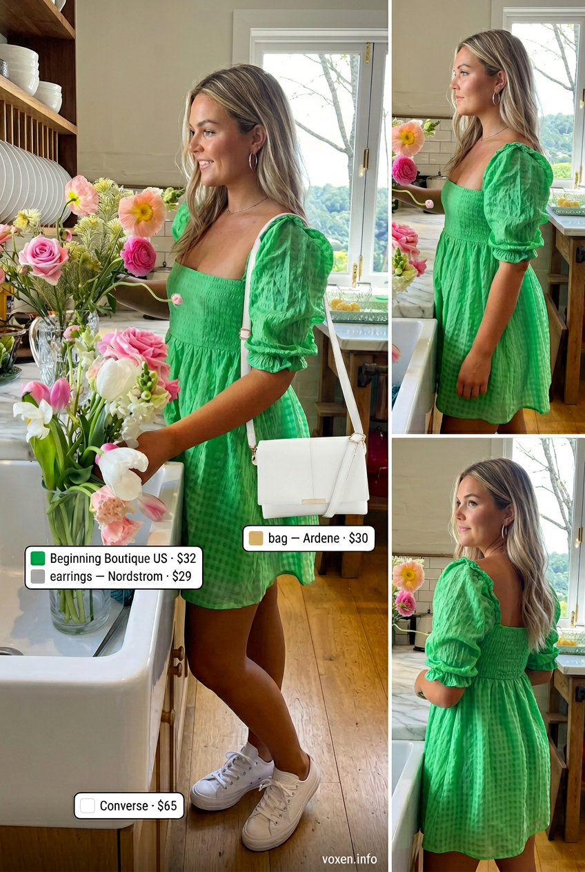 Trendy tall women summer outfits 2026: Emerald green babydoll mini dress for casual days & picnics.
