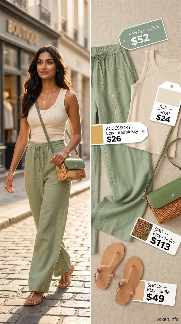 Trendy tall women summer outfits 2026: Sage green linen pants & cream tank for relaxed seaside dinners.