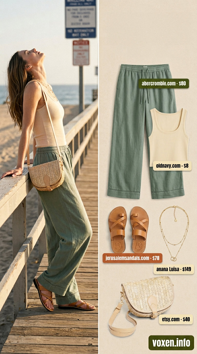 Trendy tall women summer outfits 2026: Sage green linen pants, cream tank, straw bag for coastal vibes.