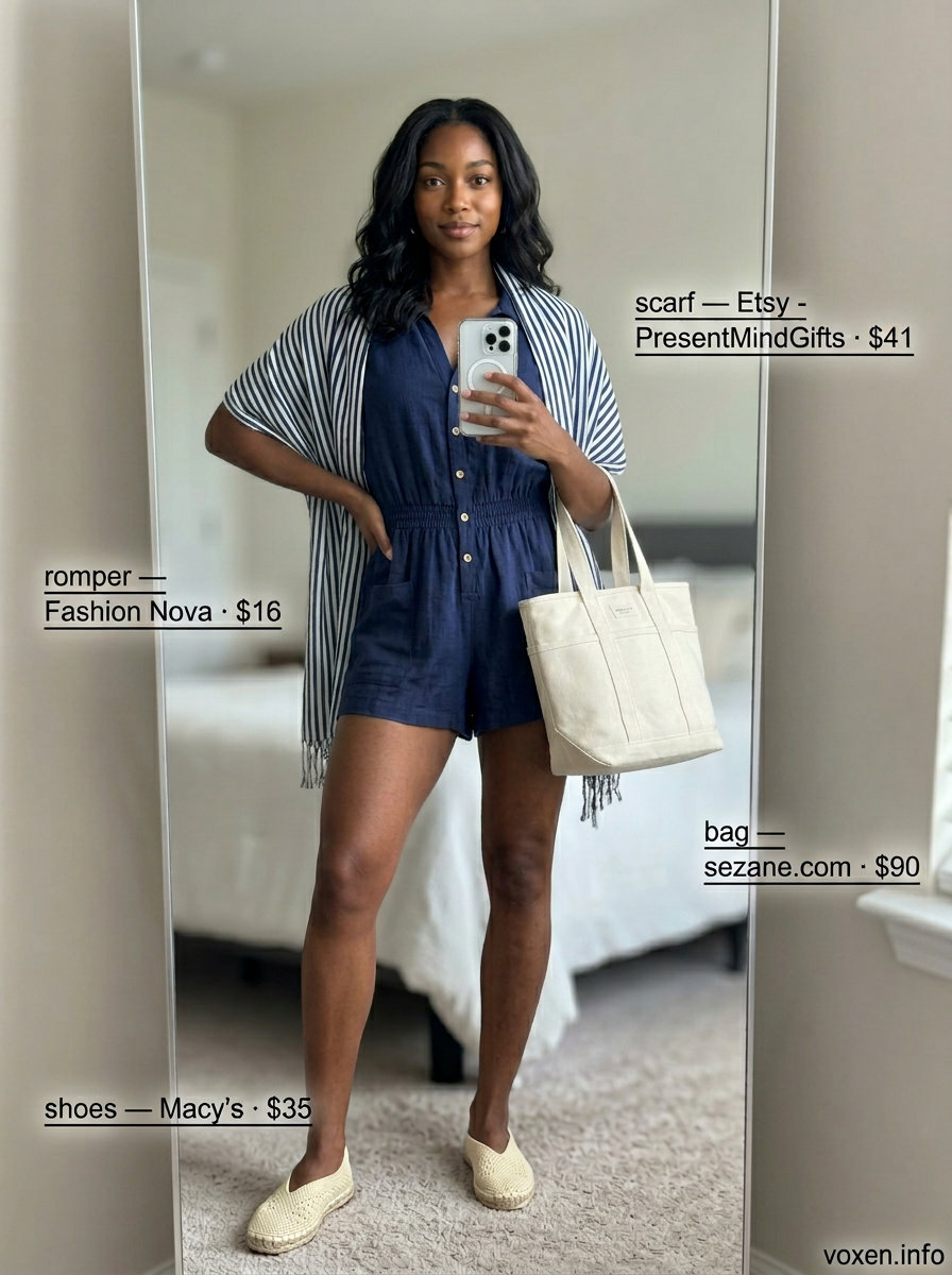 Trendy tall women summer outfits 2026: Navy linen romper, striped scarf, espadrilles for casual day out.