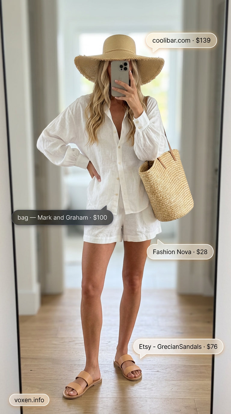 Trendy tall women summer outfits 2026: White linen set, straw hat, tote for beach vacation.
