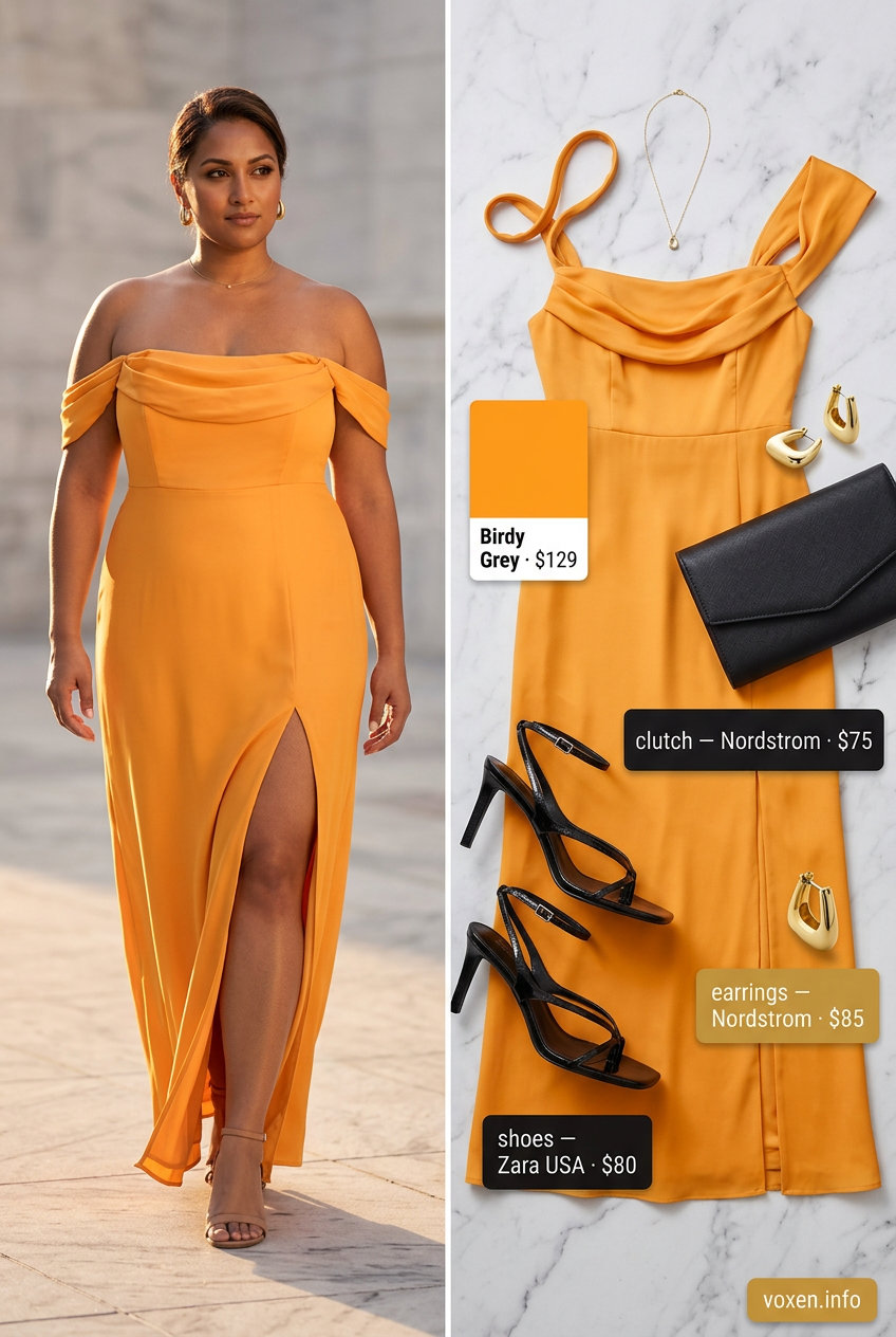 Trendy tall women summer outfits 2026: Mango orange satin maxi dress for summer evenings & date nights.