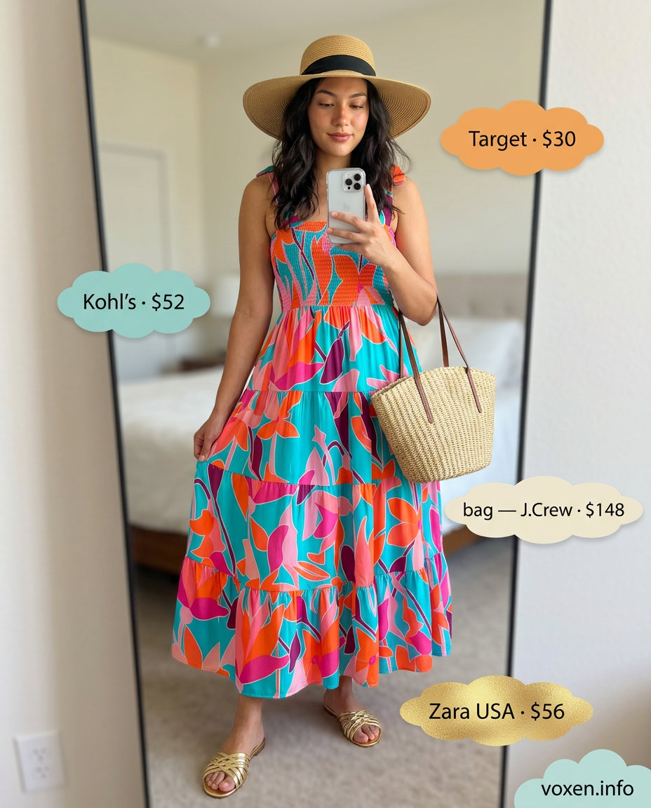 Trendy tall women summer outfits 2026: Tropical maxi dress, straw hat, metallic sandals for beach resort.