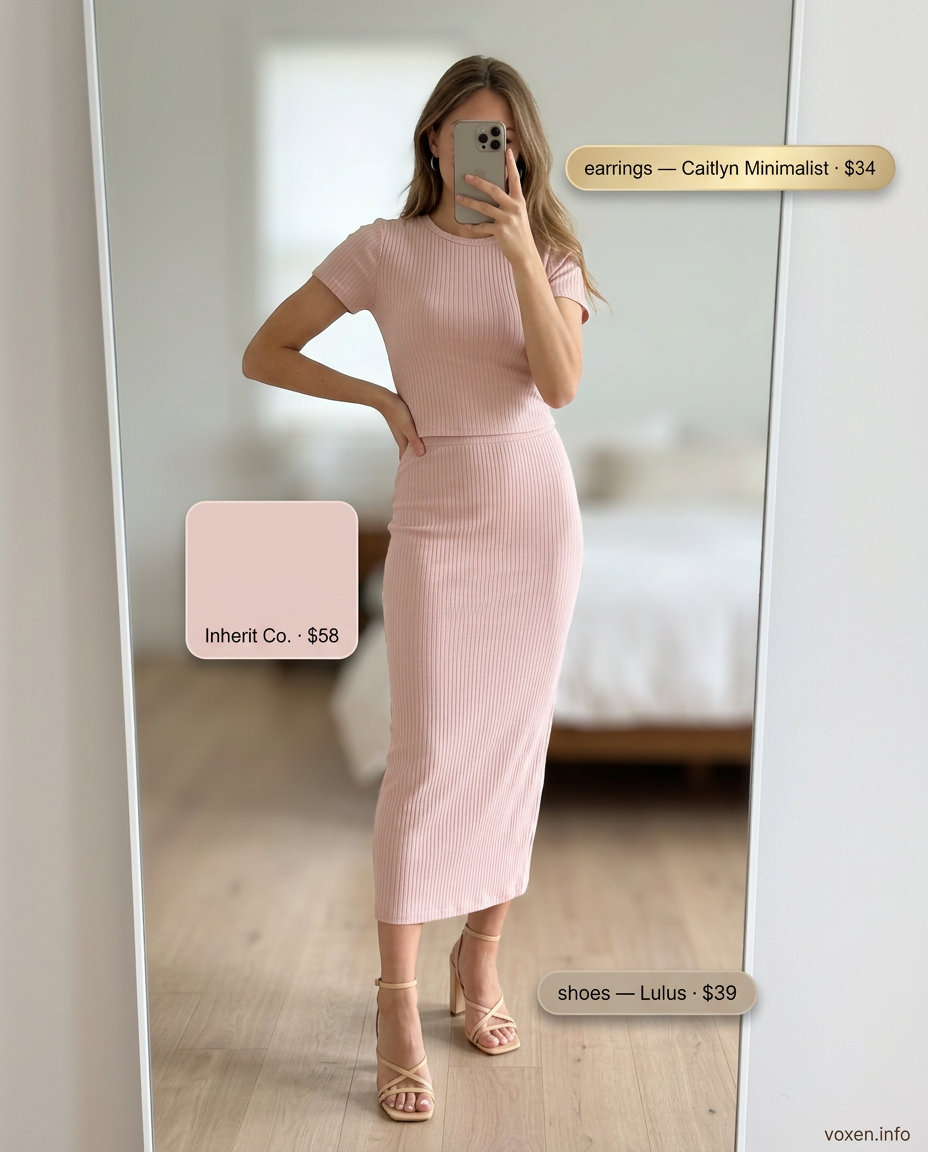 Trendy tall women summer outfits 2026: Blush pink knit skirt set for sophisticated summer evenings.