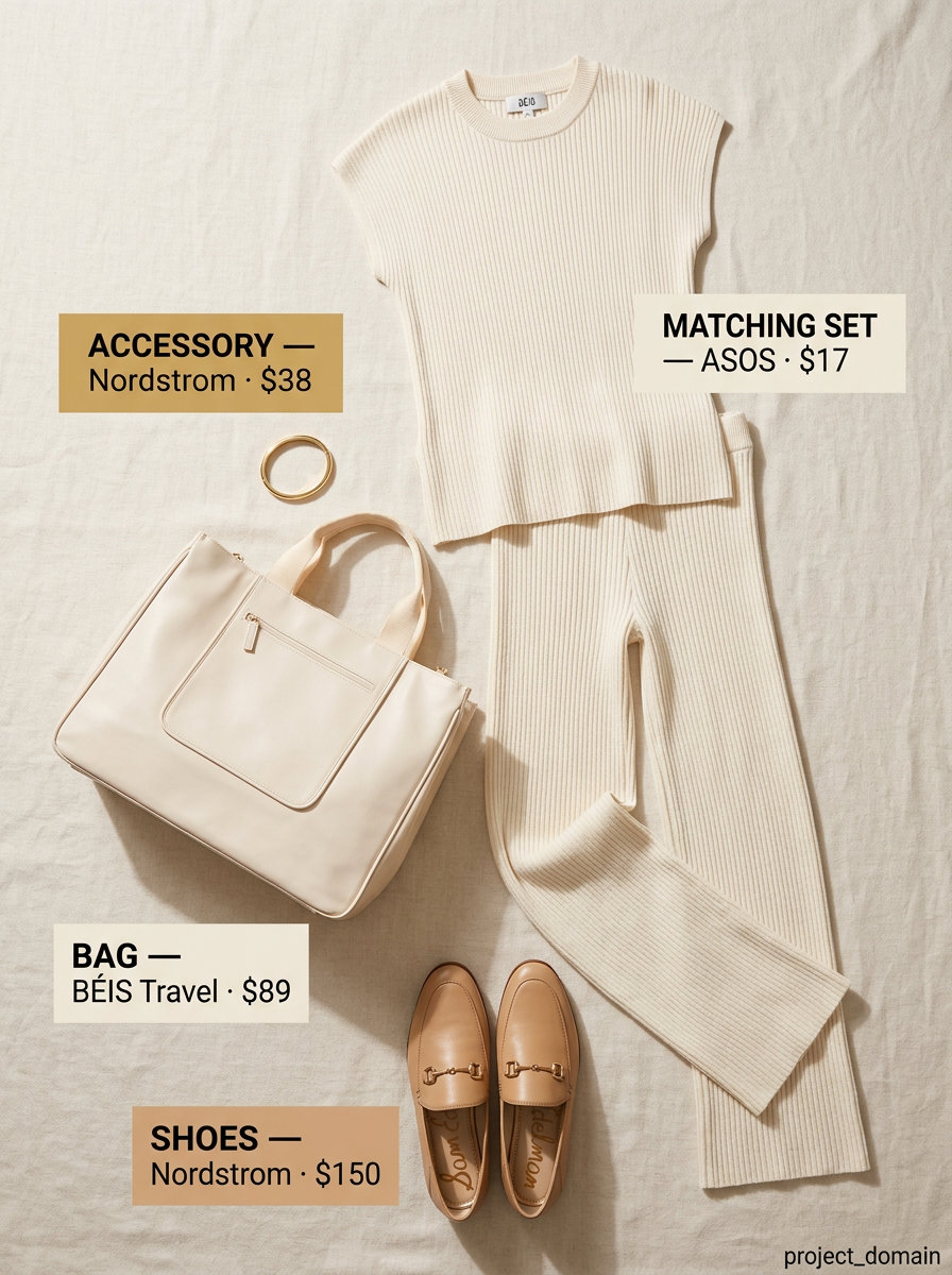 Trendy tall women summer outfits 2026: Chic cream knit set for travel & relaxed weekends. Minimalist style.