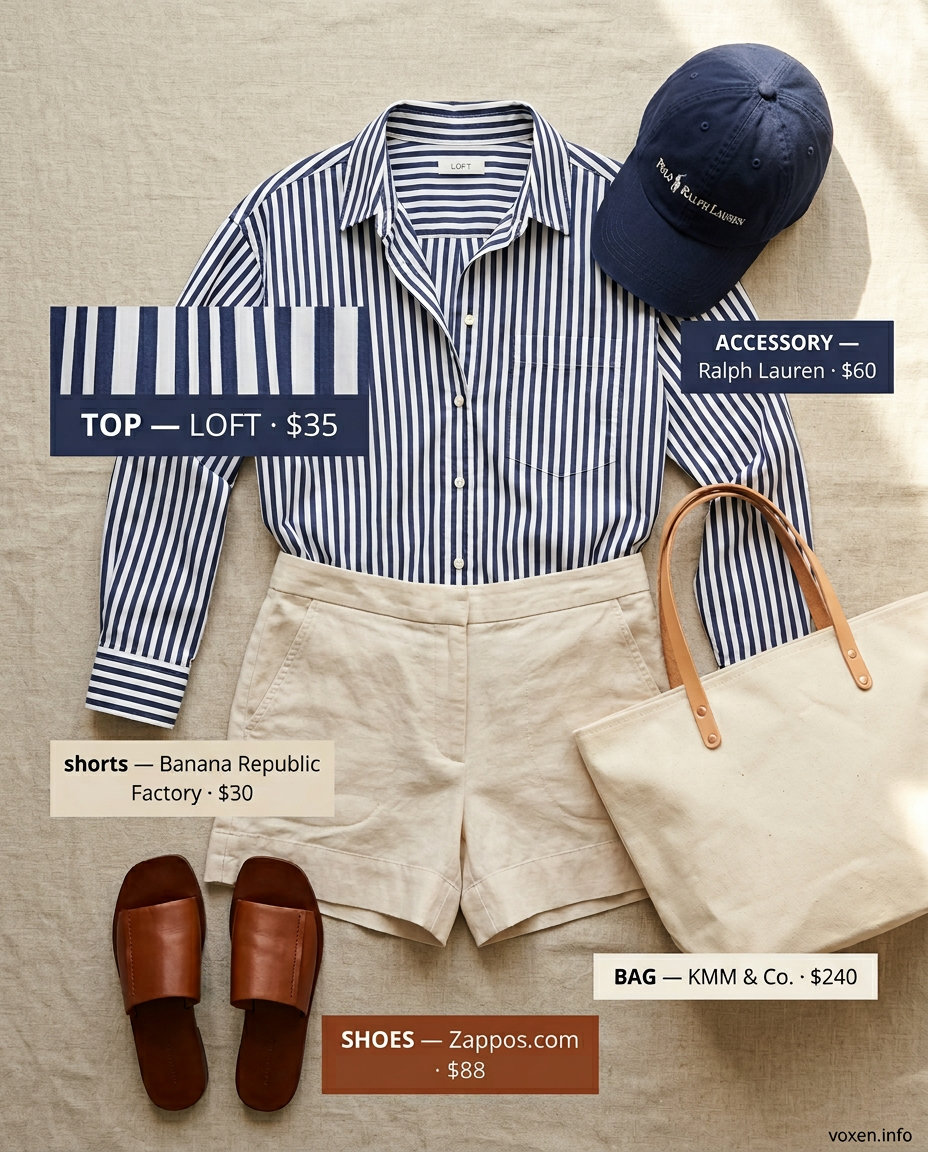 Trendy tall women summer outfits 2026: Navy stripe oversized shirt, beige linen shorts, baseball cap for weekend errands.