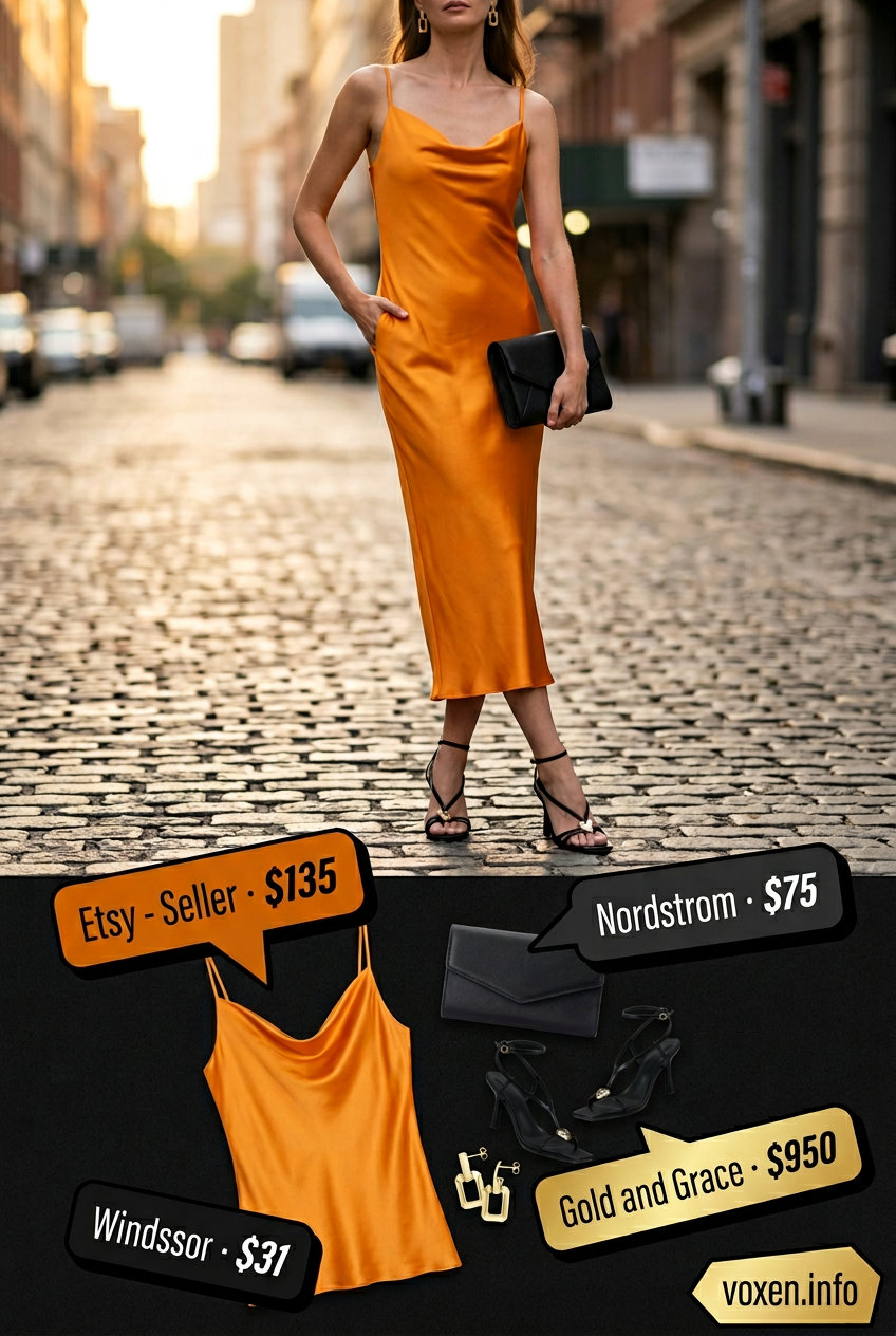 Trendy tall women summer outfits 2026: Mango orange satin slip dress for rooftop dinner. Style with gold earrings and black heels.