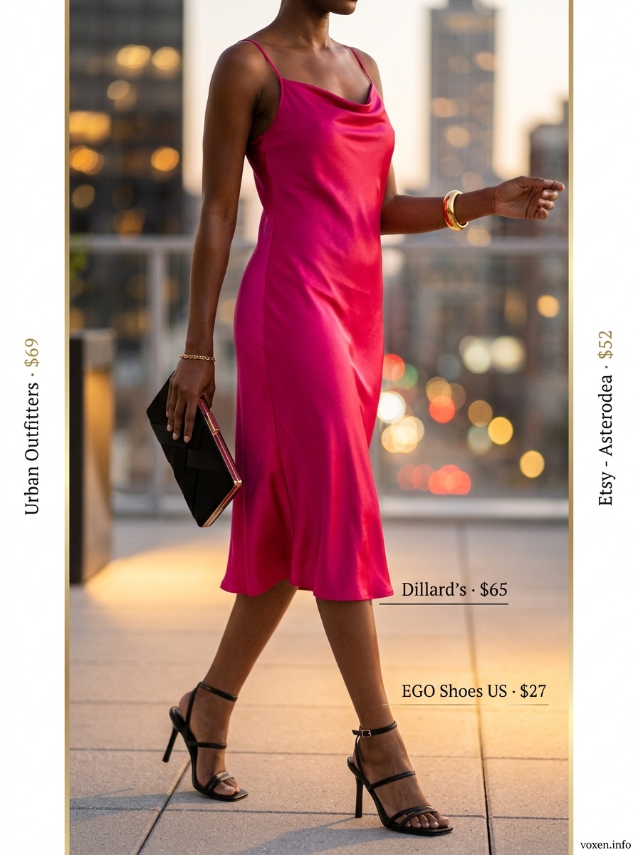Trendy tall women summer outfits 2026: Coral satin slip dress for date night. Style with black heels and gold cuff bracelet.
