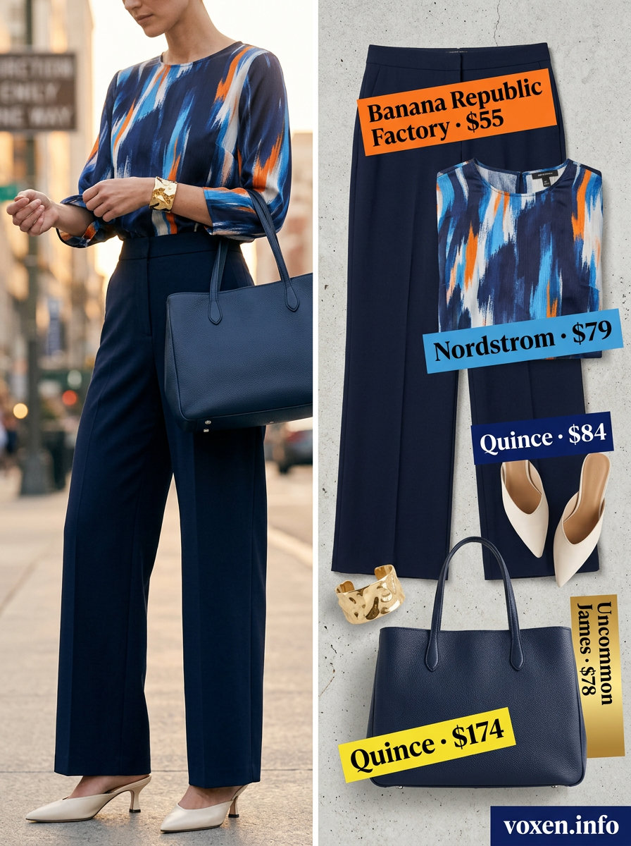 Trendy tall women summer outfits 2026: Navy tailored trousers & abstract print top for business casual.