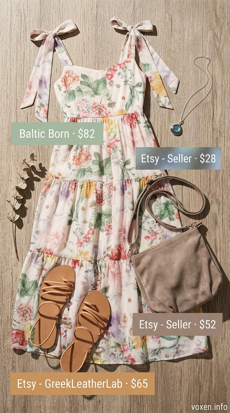 Trendy tall women summer outfits 2026: Muted floral maxi dress for summer festival. Style with flat sandals and suede crossbody bag.