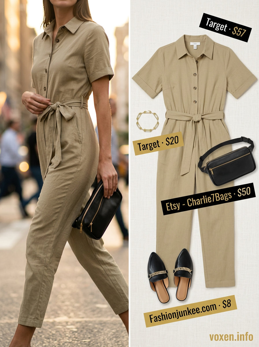 Trendy tall women summer outfits 2026: Khaki utility jumpsuit, black mules, gold bracelet for daytime exploration.