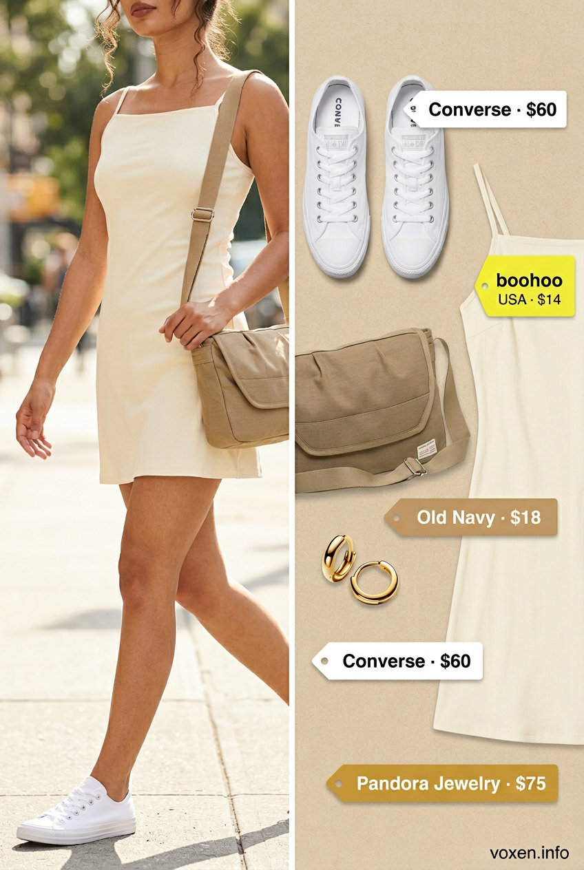 Trendy tall women summer outfits 2026: Lemon yellow mini dress, canvas sneakers, crossbody bag for picnic.