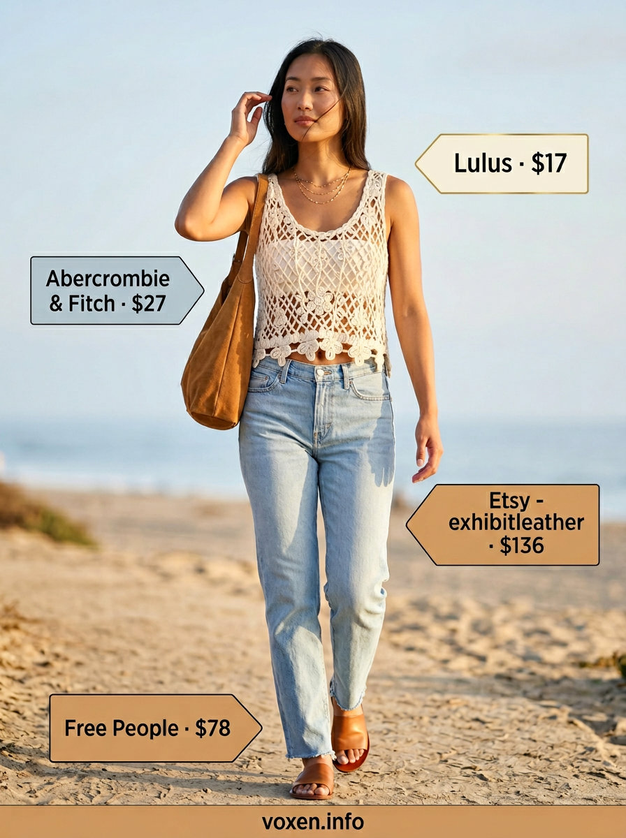 Vintage summer outfits for women 2026: Ivory crochet top, denim jeans, suede bag, and leather slides for casual evening.
