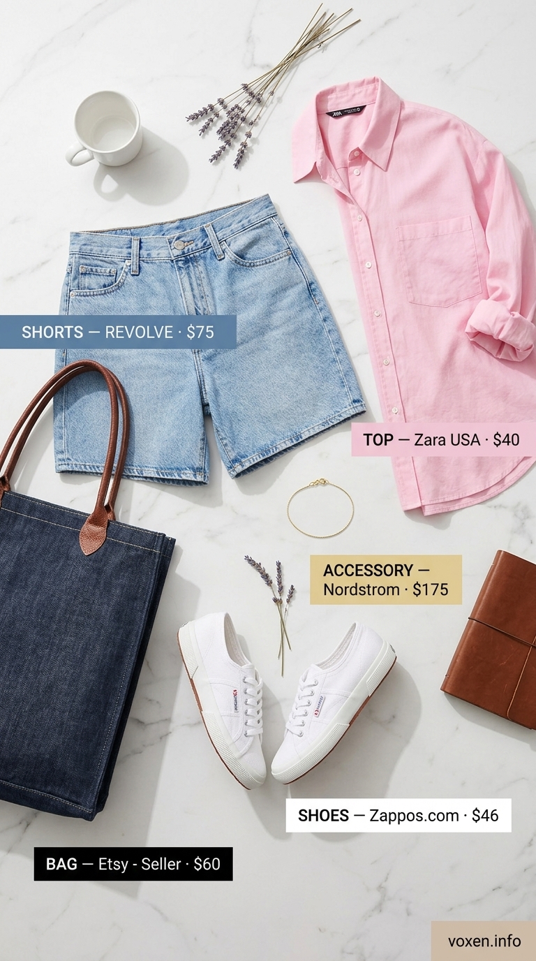 Vintage summer outfits for women 2026: Light wash denim shorts with pastel pink oversized blouse & white sneakers.