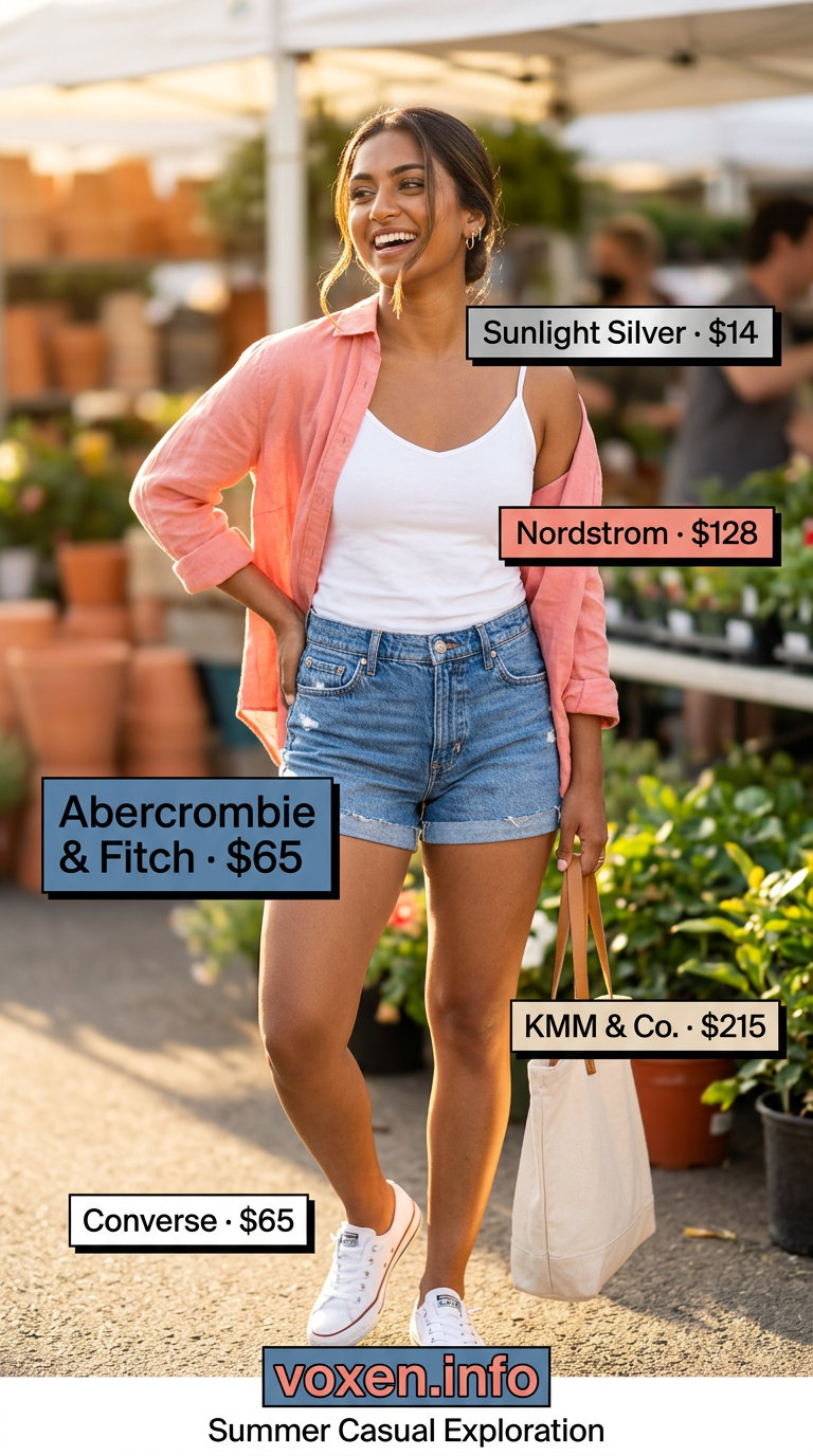 Vintage summer outfits for women 2026: Medium wash denim shorts with coral linen shirt & white slip-ons.