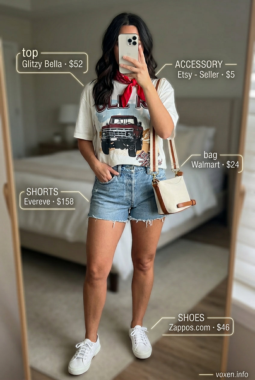 Vintage summer outfits for women 2026: Denim shorts, graphic tee, red bandana, and canvas crossbody for casual day out.