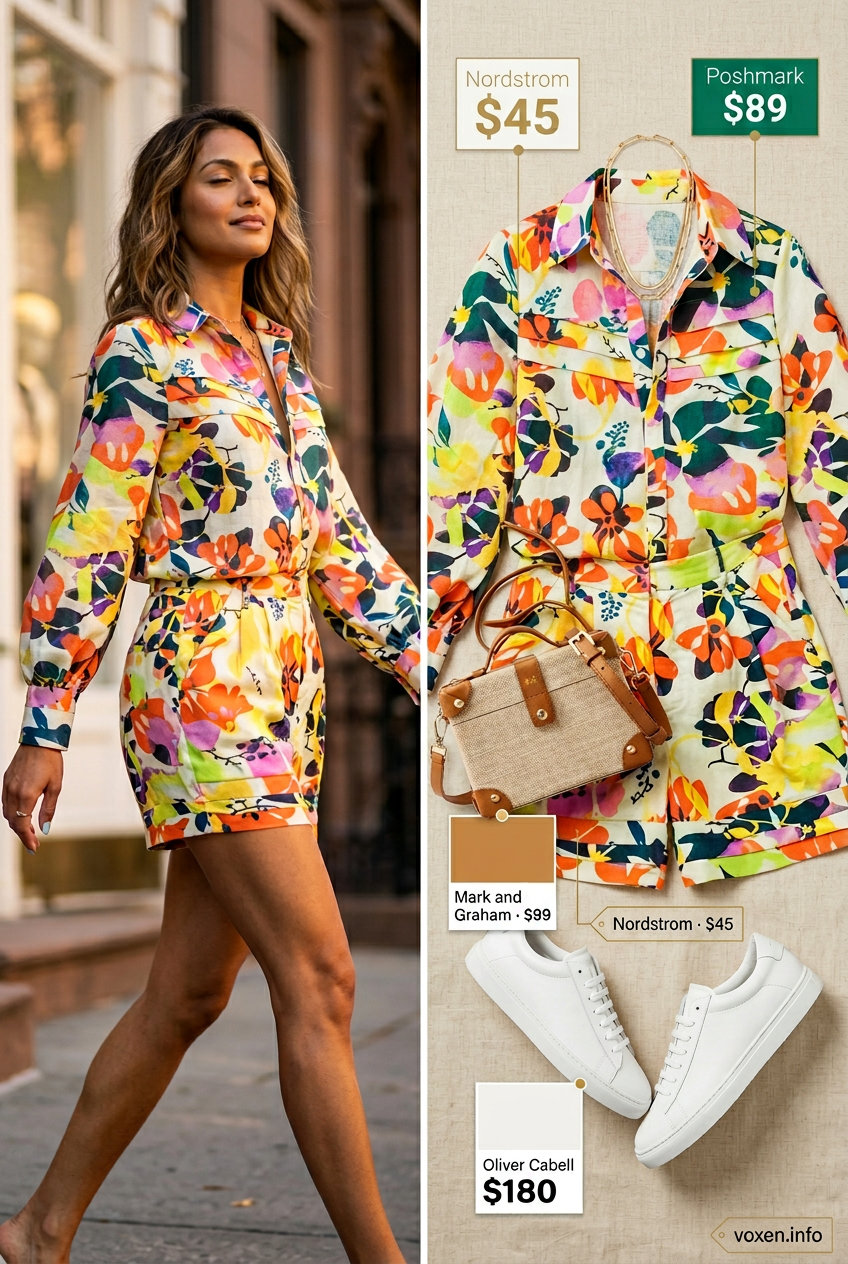 Vintage summer outfits for women 2026: Floral linen set with white sneakers & crossbody bag.