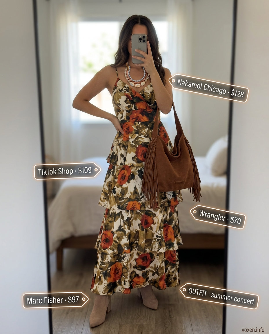 Vintage summer outfits for women 2026: Boho floral maxi dress, suede boots, and layered necklaces for festival.
