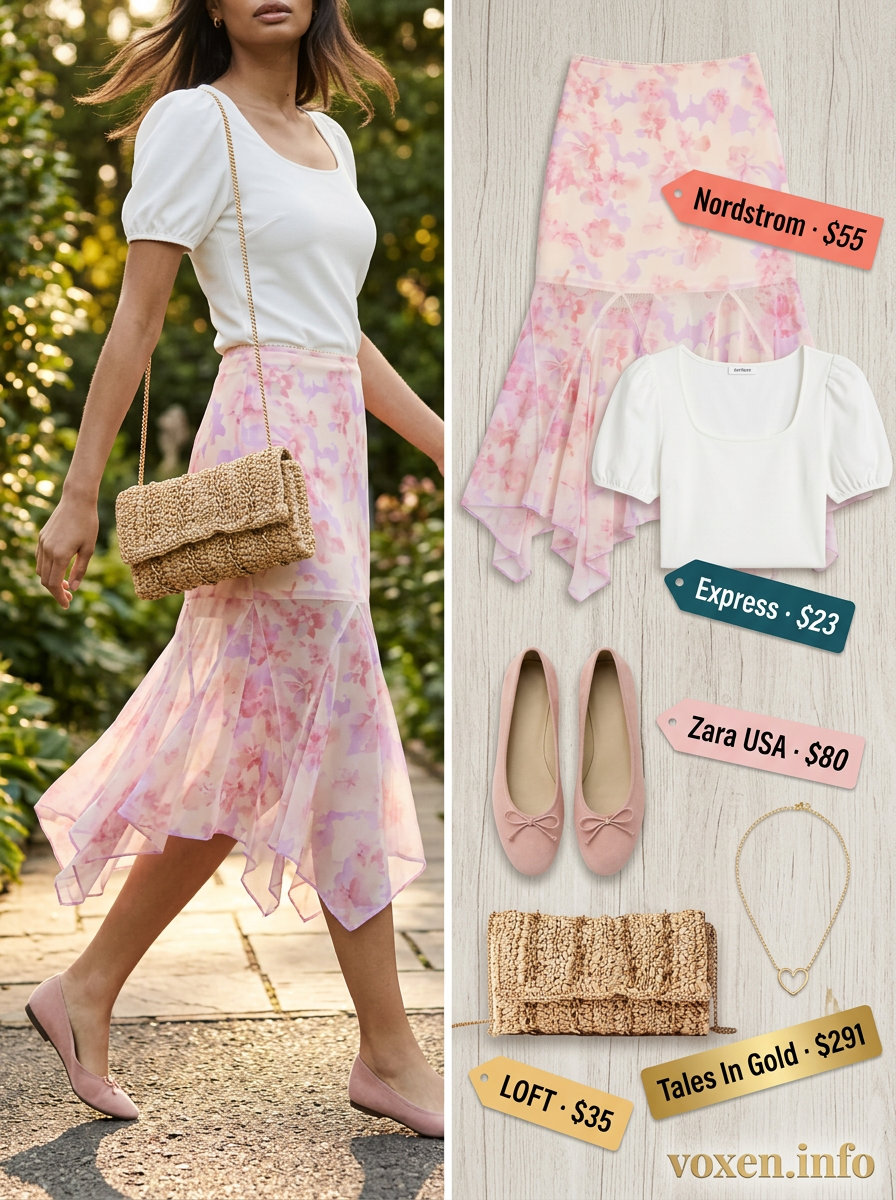 Vintage summer outfits for women 2026: Floral midi skirt with white puff sleeve top & ballet flats.