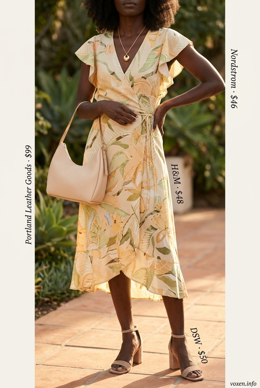 Vintage summer outfits for women 2026: Floral midi wrap dress with beige shoulder bag & block heels.