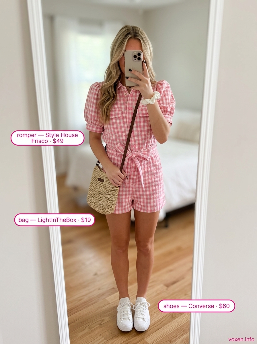 Vintage summer outfits for women 2026: Pastel pink gingham romper, straw bag, and white sneakers for picnic.