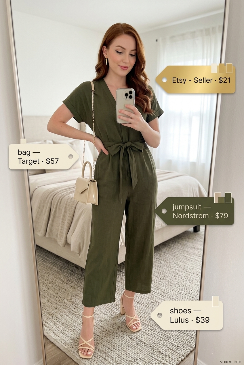 Vintage summer outfits for women 2026: Olive green jumpsuit, cream sandals, and gold earrings for evening event.