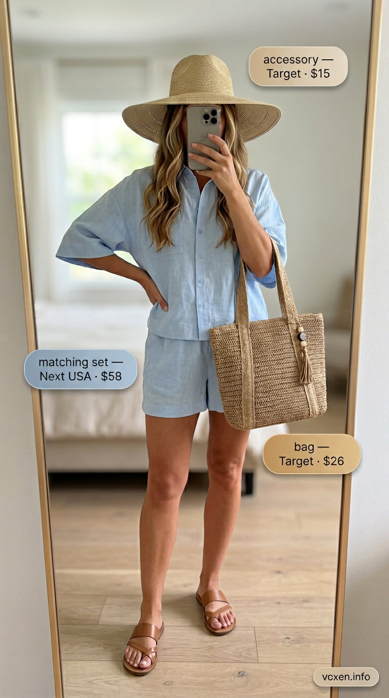 Vintage summer outfits for women 2026: Sky blue linen set, straw hat, and leather slides for beach day.