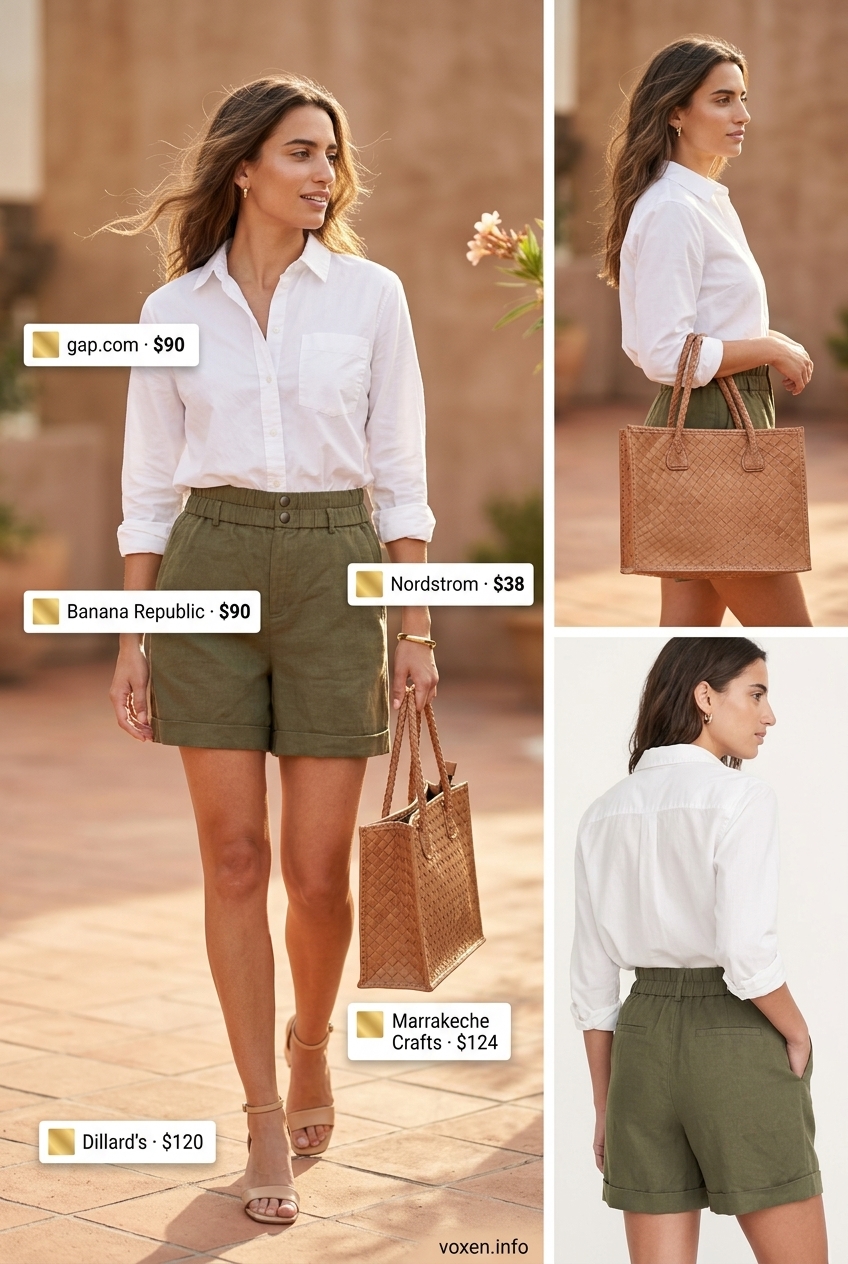 Vintage summer outfits for women 2026: Olive linen shorts, white shirt, leather sandals, and woven tote for daytime chic.
