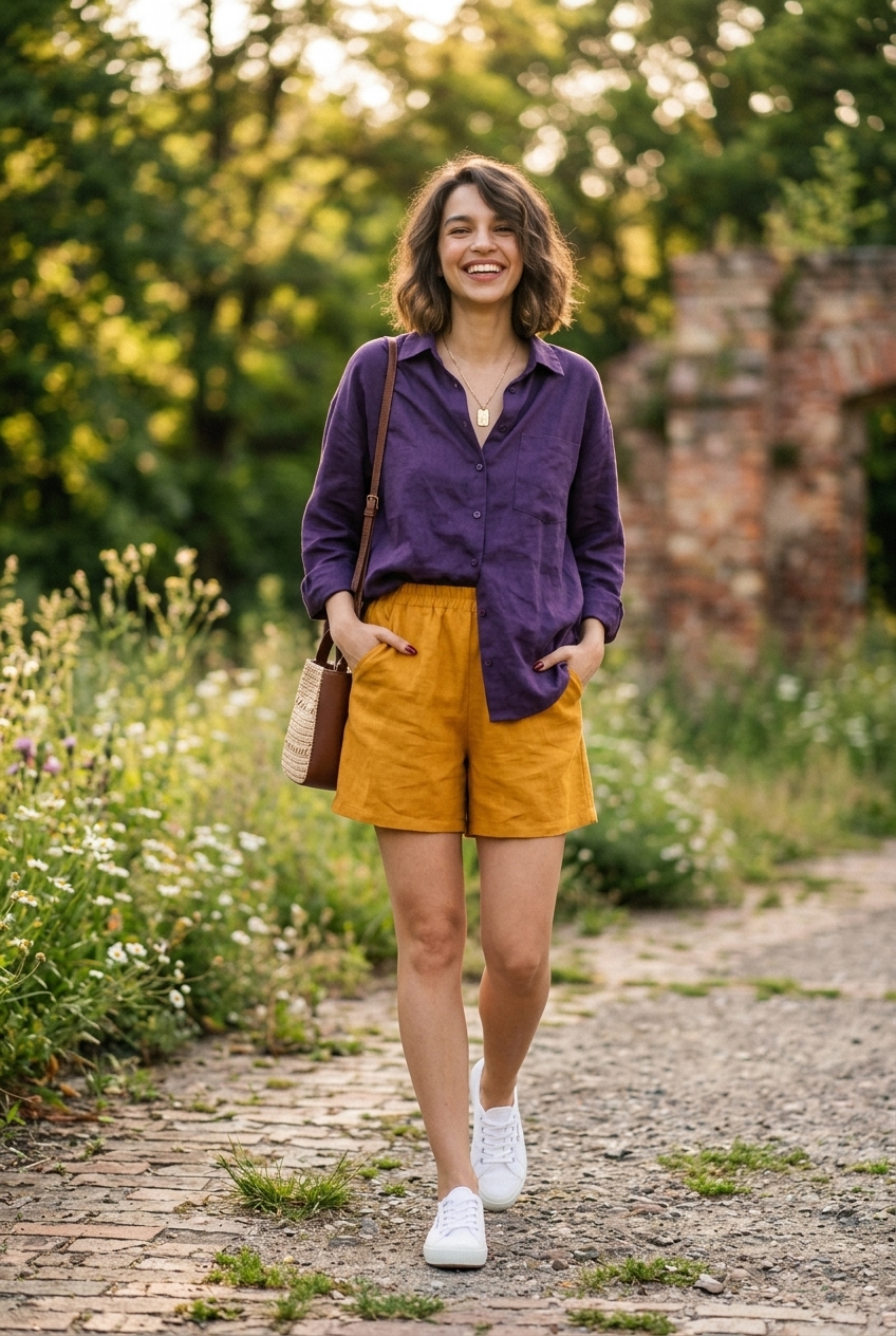 Vintage summer outfits for women 2026: Mustard yellow linen shorts with delicate gold necklace.