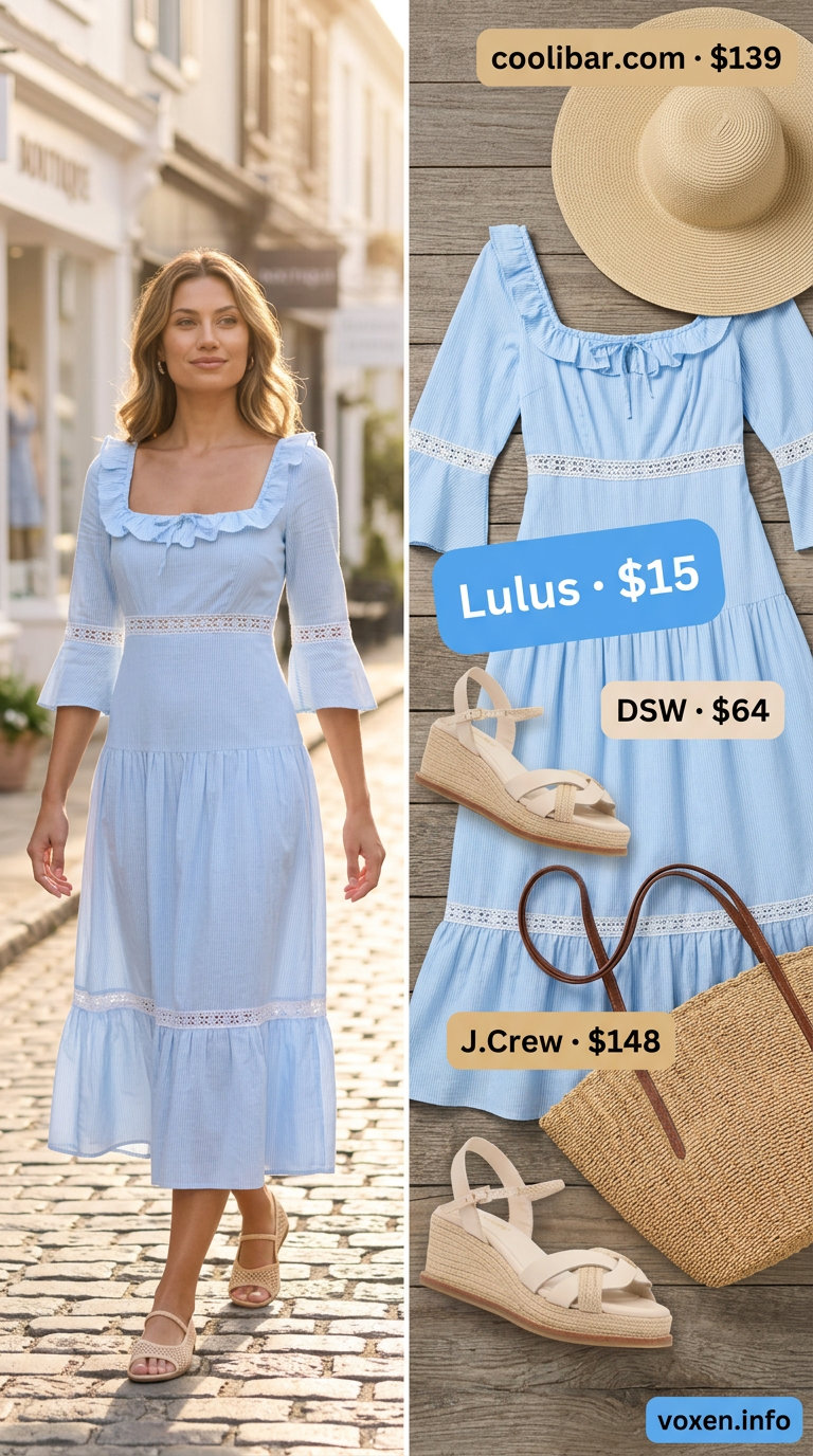 Vintage summer outfits for women 2026: Sky blue midi dress with straw hat & espadrilles.