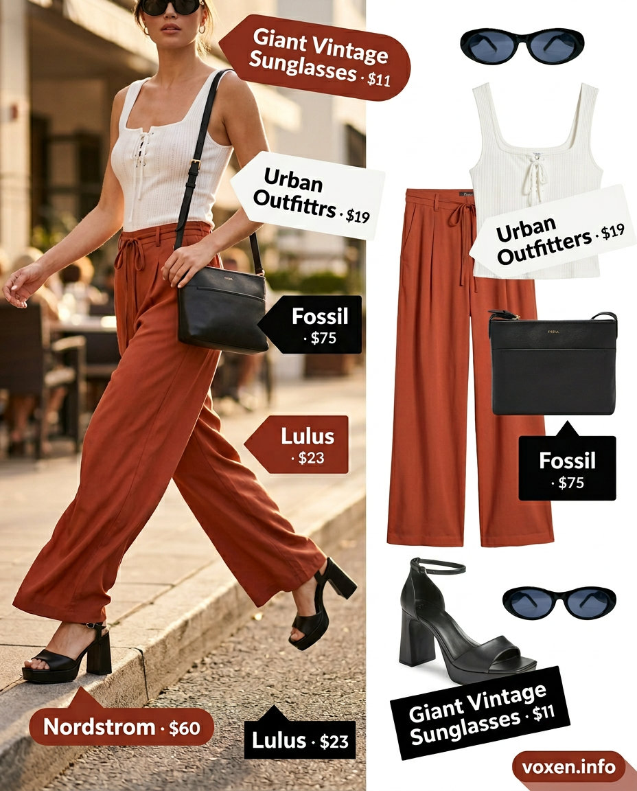 Vintage summer outfits for women 2026: Terracotta wide-leg pants with white tank & black sandals.