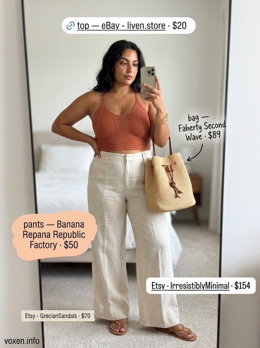 Vintage summer outfits for women 2026: Cream linen pants, terracotta crochet top, straw bag, and leather slides for beach casual.