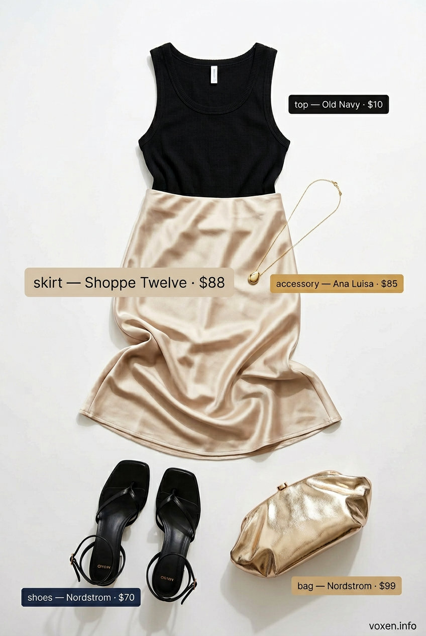 Champagne satin slip midi skirt outfit for vintage summer outfits for women 2026.