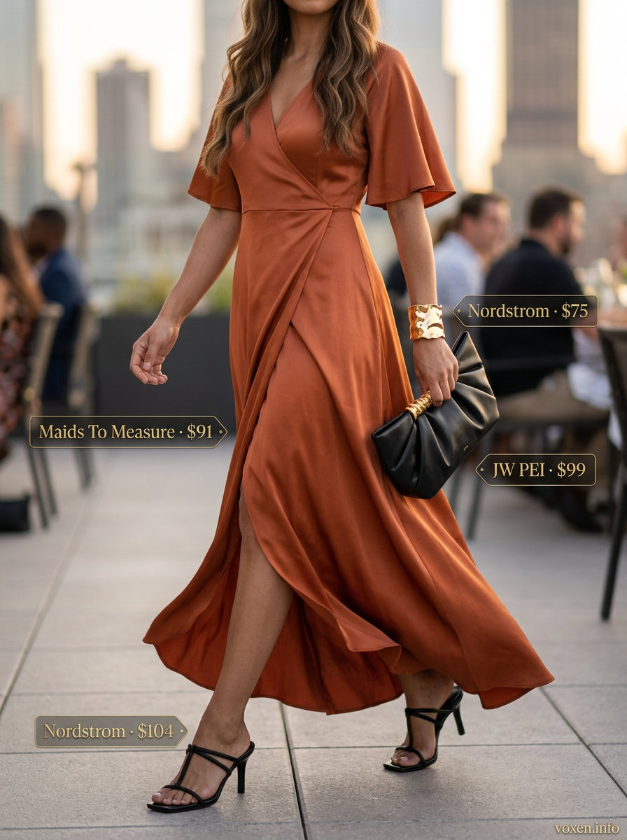 Mango orange satin midi wrap dress with gold accents for vintage summer outfits for women 2026.