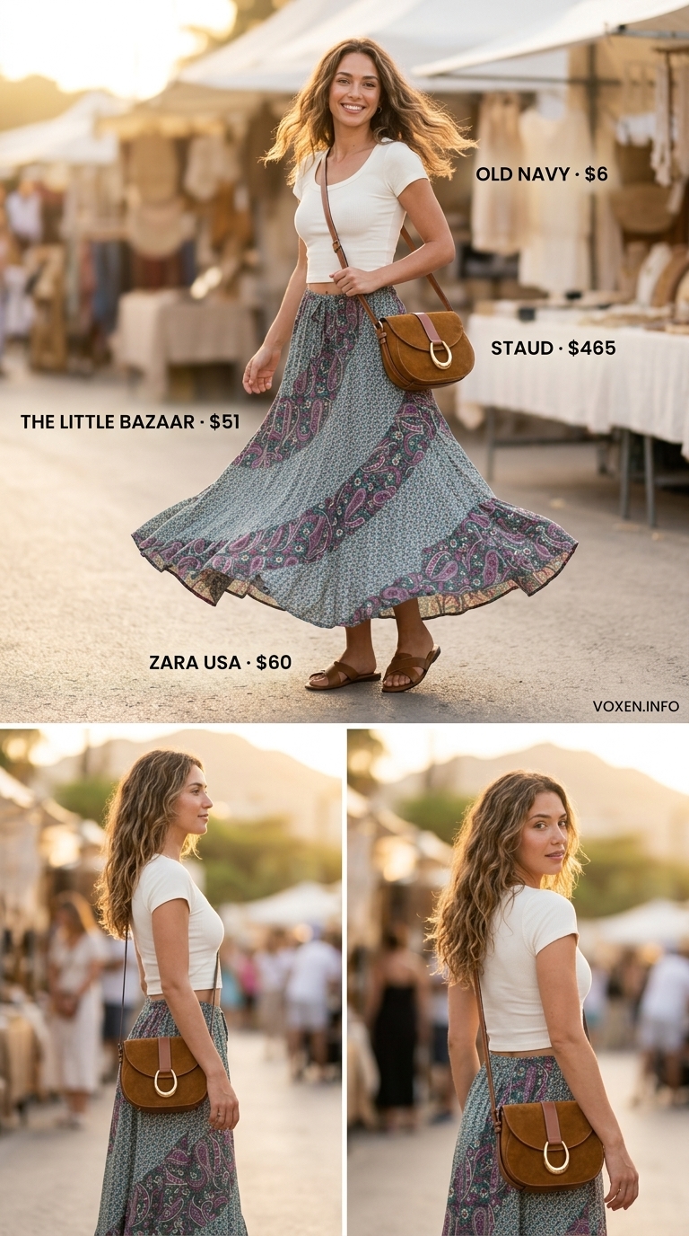 Paisley print maxi skirt outfit for vintage summer outfits for women 2026.