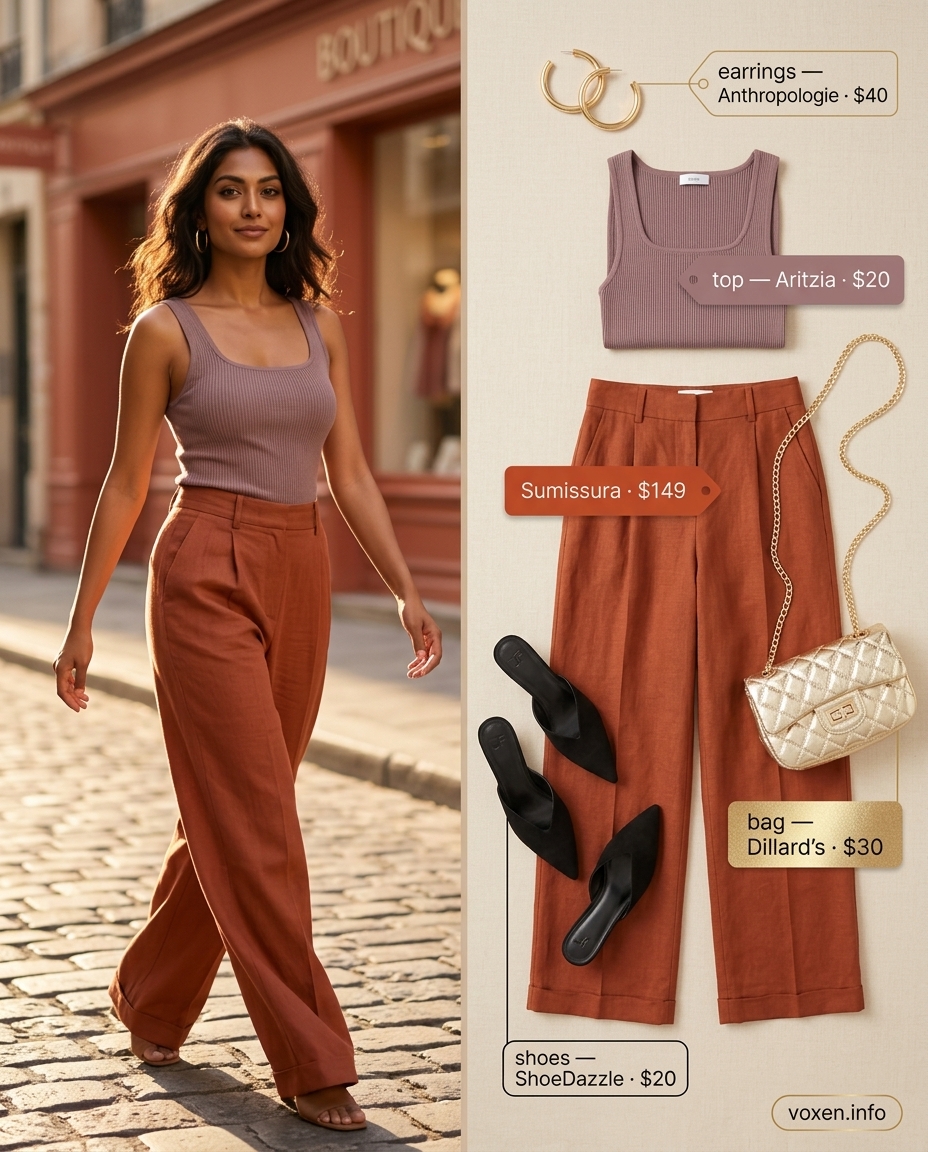 Terracotta linen wide-leg pants for vintage summer outfits for women 2026.