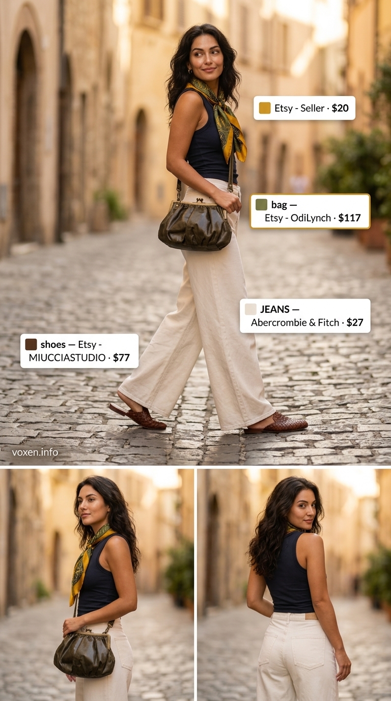 Creative wide leg jean outfits summer for women 2026: Ecru jeans, silk scarf top, olive bag, and brown mules for a museum visit.