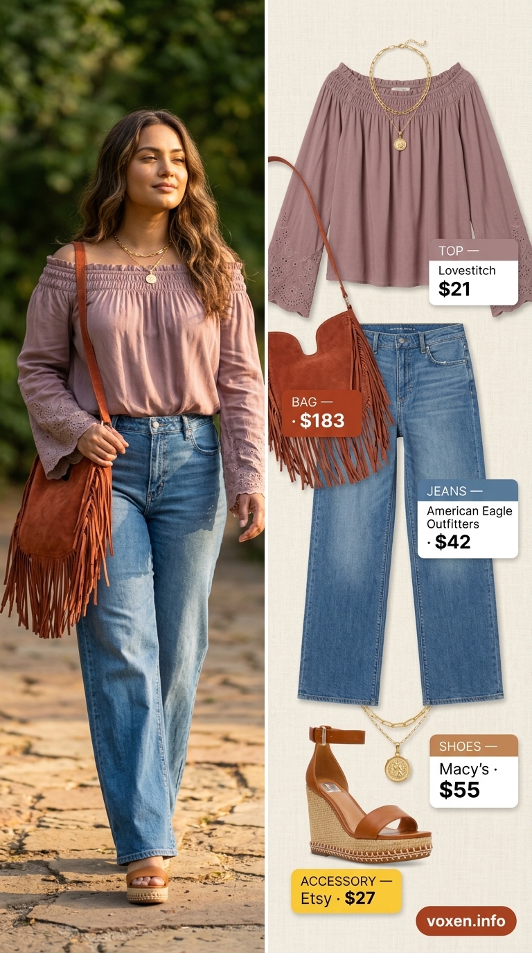 Bohemian wide leg jean outfits summer for women 2026: Distressed jeans, cream peasant blouse, rust fringe bag, and gold necklaces for a festival.