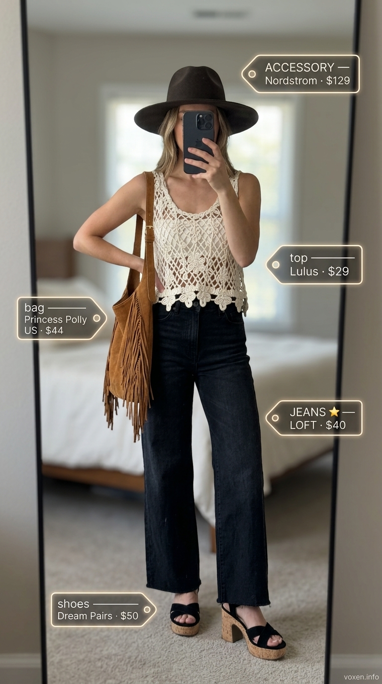Wide leg jean outfits summer for women 2026: Washed black distressed jeans with crochet top for boho festival.