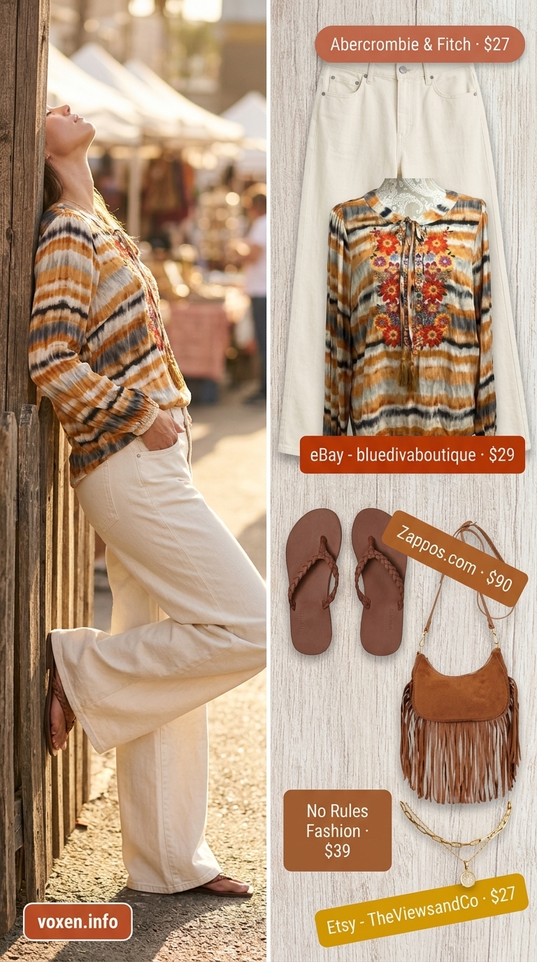 Wide leg jean outfits summer for women 2026: Ecru jeans with terracotta peasant blouse for boho festival.