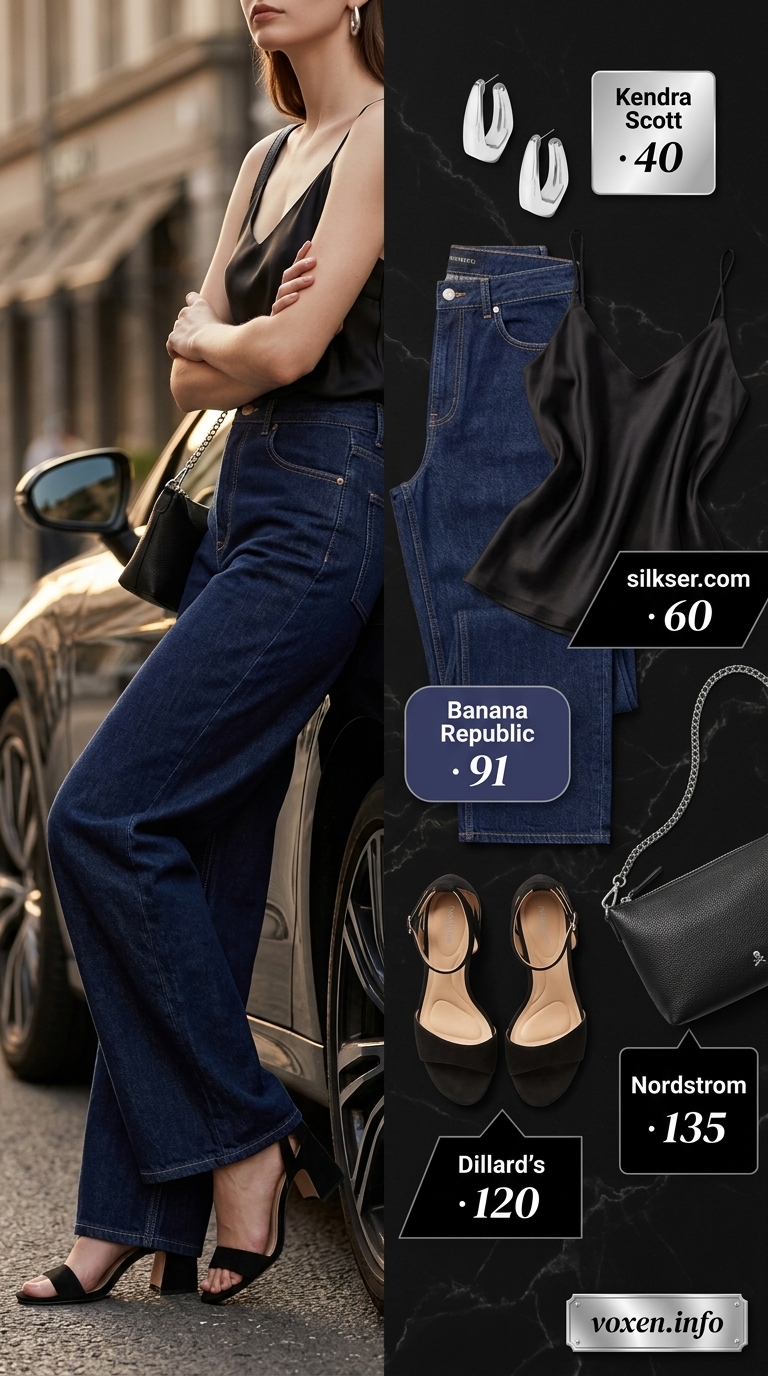 Wide leg jean outfits summer for women 2026: Dark wash jeans with black silk camisole for a sophisticated dinner.