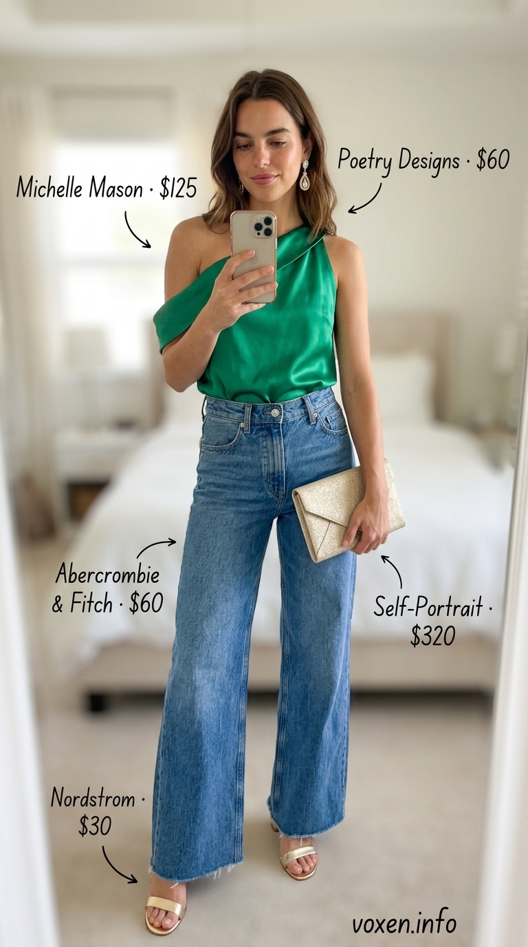 Glamorous wide leg jean outfits summer for women 2026: Emerald green satin top, gold jewelry, and blue denim for a dinner party.